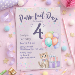 Convites Gatinho Gata Pastel Aniversário de 4 anos de Menin