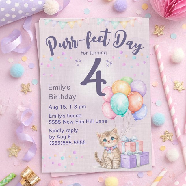 Convites Gatinho Gata Pastel Aniversário de 4 anos de Menin ("Purr-fect day for turning 4" cute kitten 4th birthday party invitation for little girls)