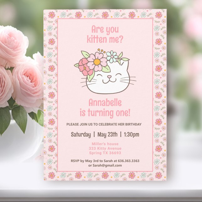 Convites Gatinho Gatinho Rosa, primeiro aniversario de Gati (Kitten Kitty Cat Pink Girl 1st Birthday Invitation)