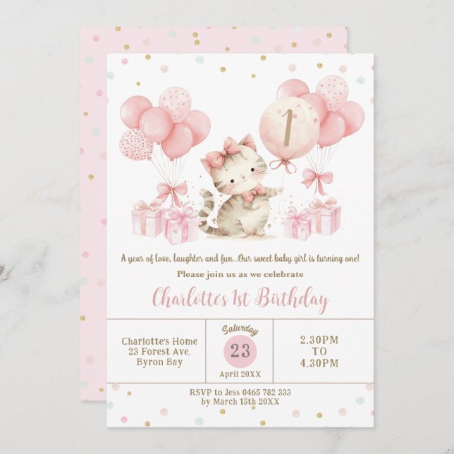Convites Gatinho Gato Gato-Fresco Balões Rosa 1aniversário  (Frente/Verso)