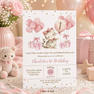 Convites Gatinho Gato Gato-Fresco Balões Rosa 1aniversário