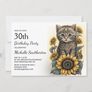 Convites Gatinho Malhado Cinza Girassóis 30º Aniversário