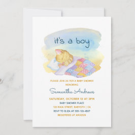 Convites Gatinho Sonolento de Aquarela É um Chá de fraldas