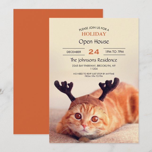 Convites gatinho vestindo chapéu de rena de Natal (Frente/Verso)