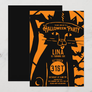 Convites Gato Assustador Vintage Laranja Preto Halloween An