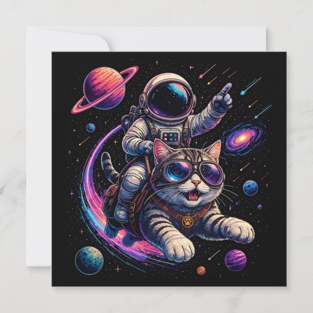 Convites Gato astronauta passeando pelo espaço (Frente)
