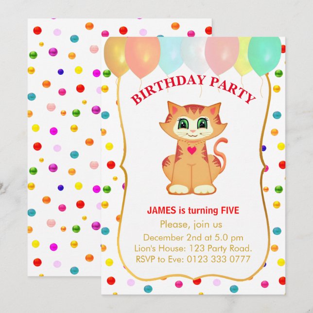Convites Gato Atigrado Fofo, Balões e Confetes de Aniversár (Frente/Verso)
