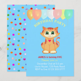 Convites Gato Atigrado Fofo, Balões e Confetes de Aniversár