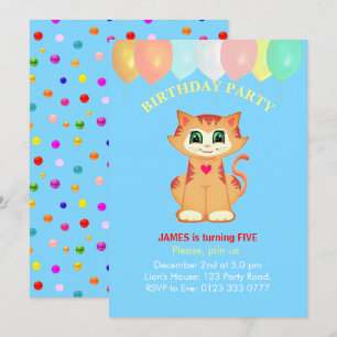 Convites Gato Atigrado Fofo, Balões e Confetes de Aniversár
