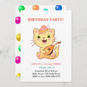Convites Gato Bonito e Balões Multicoloridos Aniversário