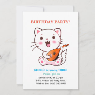 Convites Gato Bonito e Balões Multicoloridos Aniversário Co