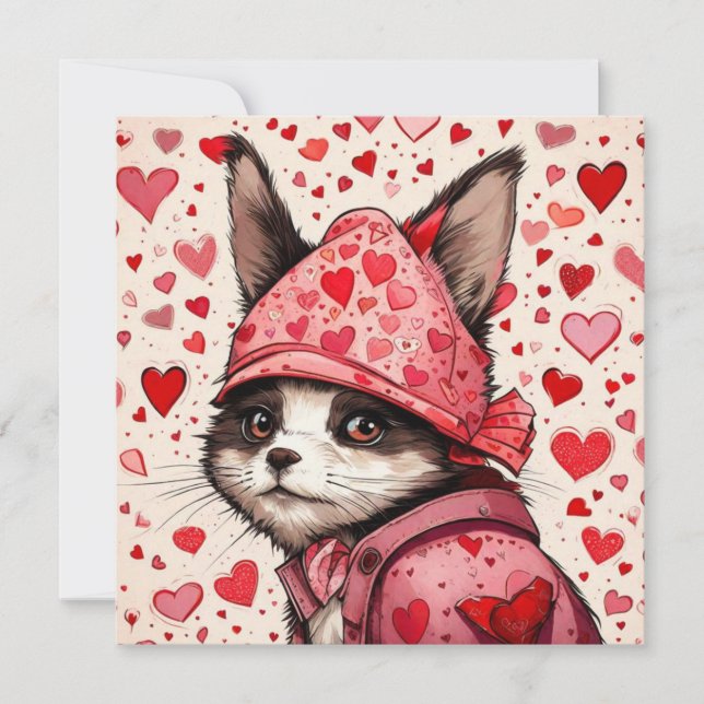 Convites Gato bonito e corações vermelhos (Frente)