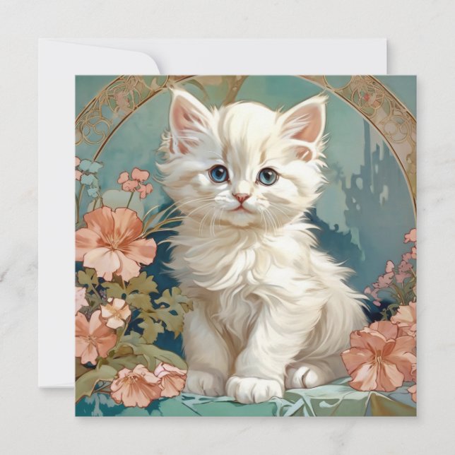 Convites Gato Branco Estilo Alphonse Mucha (Frente)