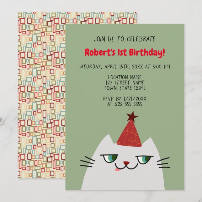 Convites Gato Cinza Fofo Aniversário de 1 Ano (Frente/Verso)
