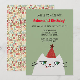 Convites Gato Cinza Fofo Aniversário de 1 Ano