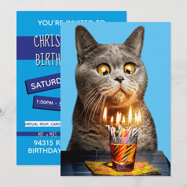 Convites Gato Com Copo De Bebida De Aniversário (Frente/Verso)