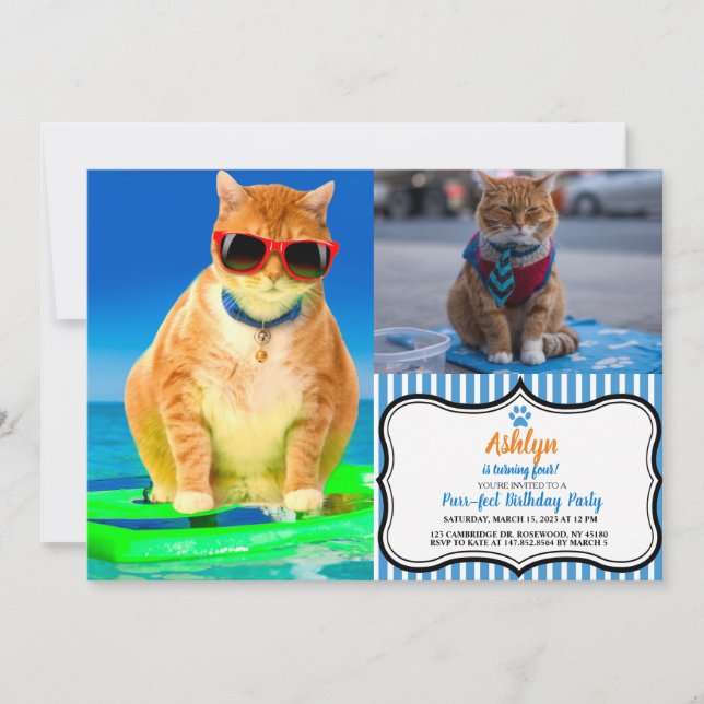 Convites Gato com óculos de sol surfando no oceano (Frente)