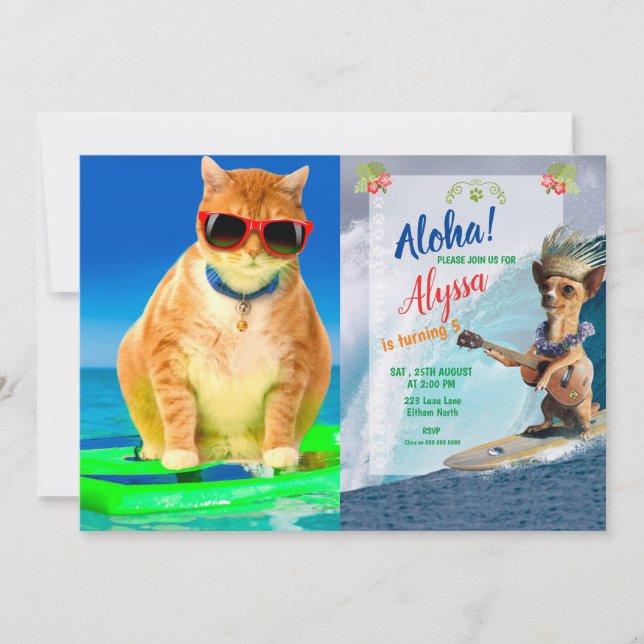 Convites Gato com óculos de sol surfando no oceano (Frente)