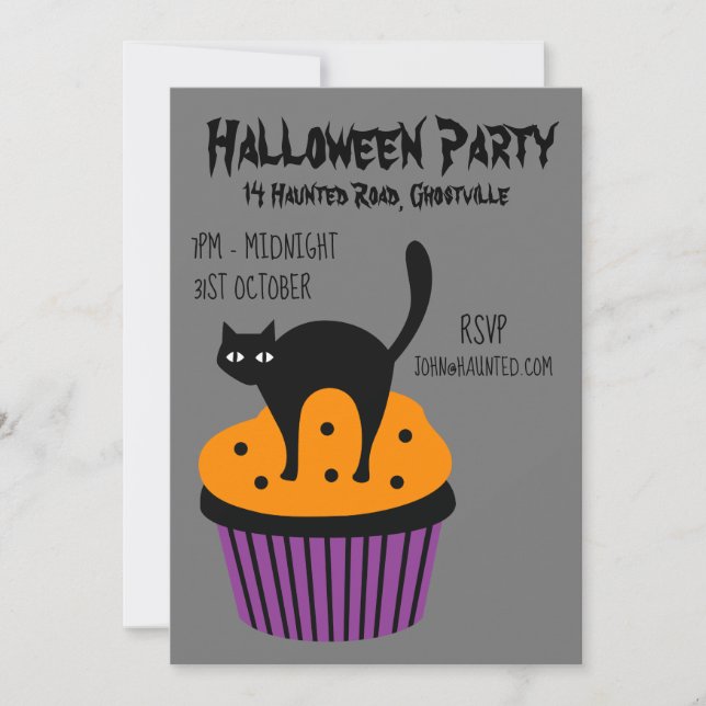 Convites Gato cupcake preto e laranja do Halloween (Frente)