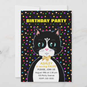 Convites Gato de Aniversário de Smoking Fofo & Confetes Col