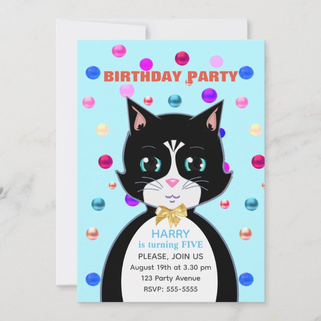 Convites Gato de Aniversário de Smoking Fofo & Confetes Mul (Frente)