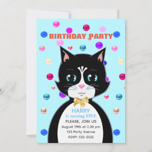 Convites Gato de Aniversário de Smoking Fofo & Confetes Mul