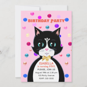 Convites Gato de Aniversário de Tuxedo Fofo em Rosa Claro