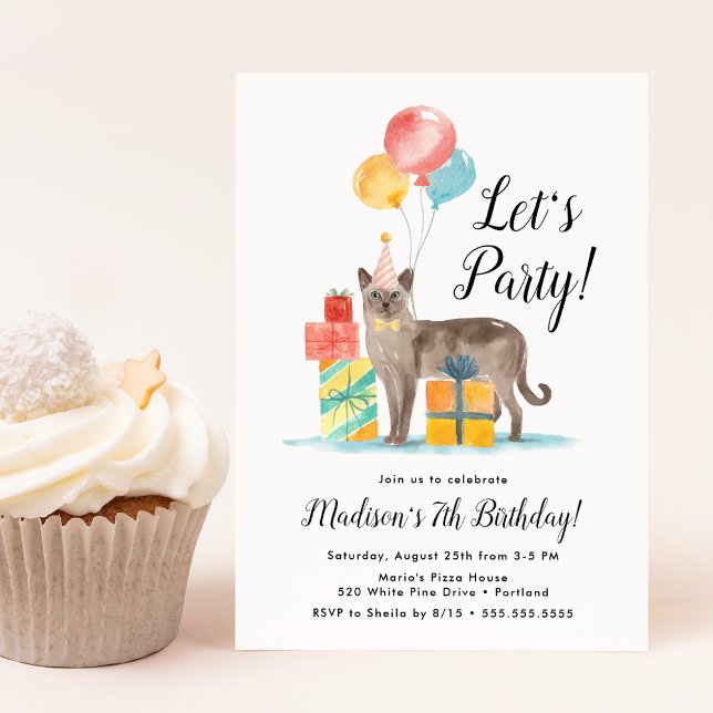 Convites Gato de Aquarela com Aniversário de criança de Bal (Criador carregado)