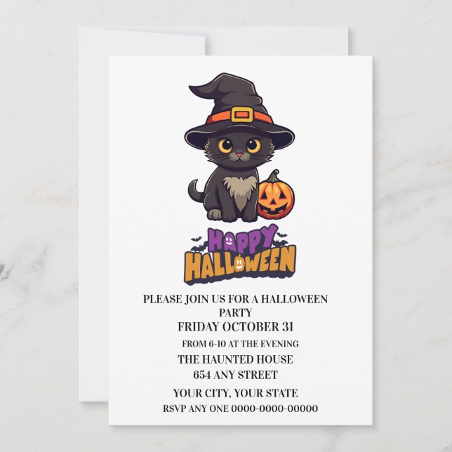 Convites Gato de Bruxa Bonita do Halloween com Abóbora (Frente)