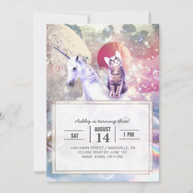Convites Gato de galáxia arco-íris cavalgando unicórnio no  (Frente)