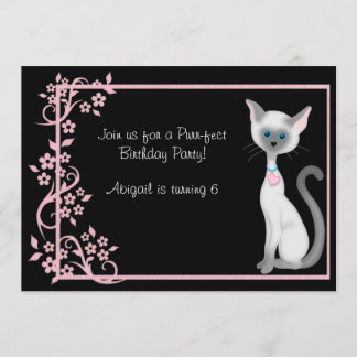Convites Gato de Gato e Flores Rosa Bonitos Aniversário