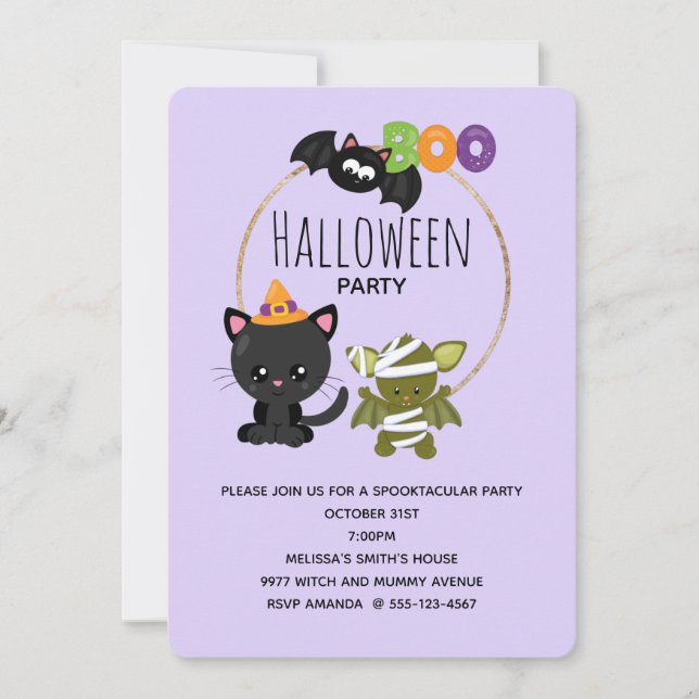 Convites Gato de Halloween, Bat e Mummy Boo (Frente)