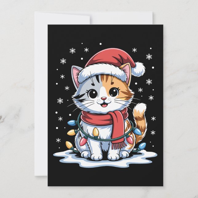 Convites Gato de Natal Chapéu do Papai Noel Cachecol Luzes  (Frente)