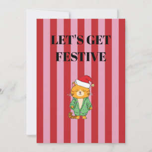 Convites Gato de Natal com listras rosa e vermelha
