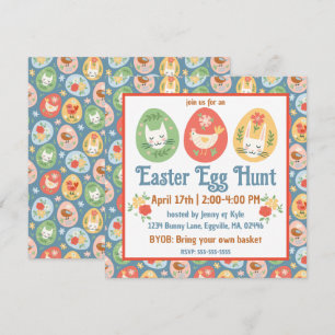Convites Gato de Ovo de Páscoa Folclórica, Coelhinho, Pásco