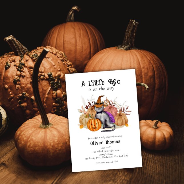 Convites Gato de Poema Pequeno em Chá de fraldas de Chapéu  (Little Boo Poem Cat in Witch Hat Baby Shower Invitation)