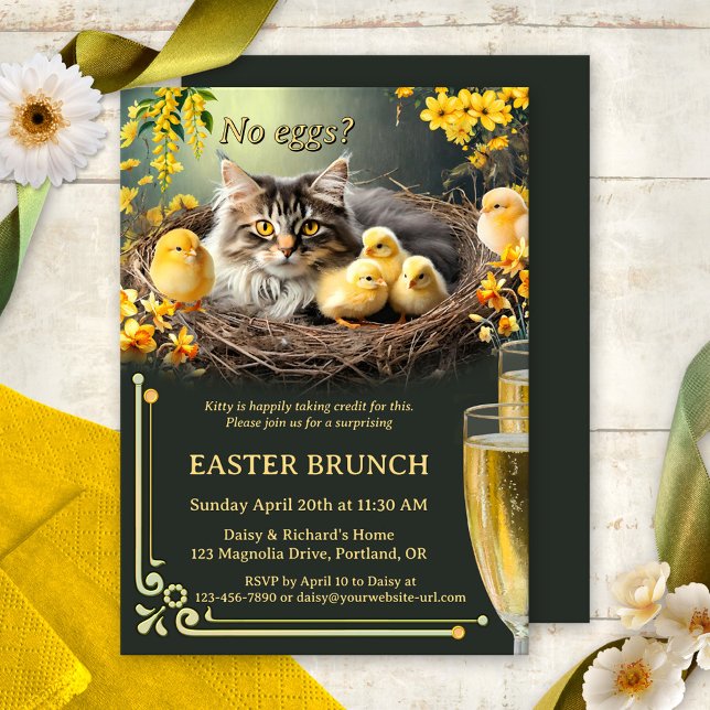 Convites Gato Engraçado Sem Ovos Bolhas de Páscoa e Brunch (Funny Bubbles & Brunch Easter invitation featuring a cute kitty taking care of baby chicks)