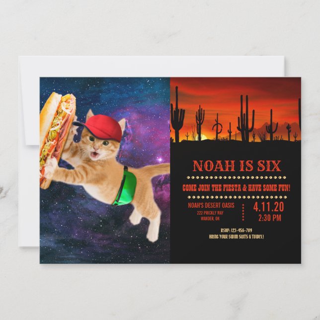 Convites Gato espacial com bonés e mochila (Frente)