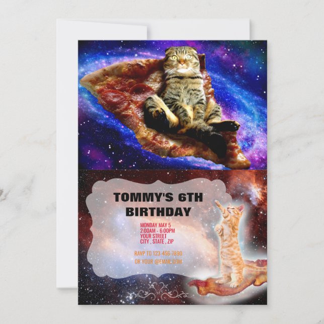 Convites Gato espacial deitado numa pizza (Frente)