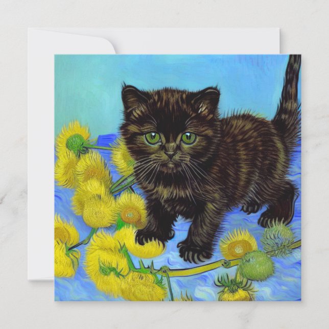 Convites Gato Estilo Van Gogh com Girassóis (Frente)
