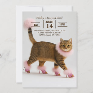 Convites Gato Estiloso de Salto Alto Rosa e Glamour Fofinho