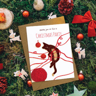 Convites Gato Feliz Natal - Gato Brincalhão com Fitas Verme