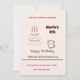 Convites Gato Fluffy Bonito com Bolo de Aniversário
