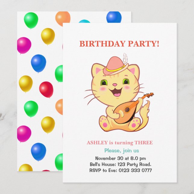 Convites Gato Fofo & Balões Multicoloridos de Aniversário (Frente/Verso)