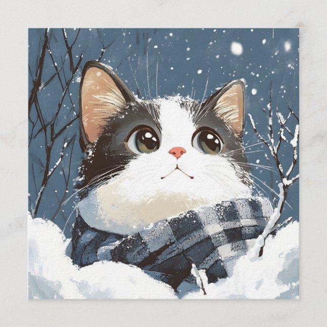 Convites Gato fofo e aconchegante na neve de inverno (Frente)