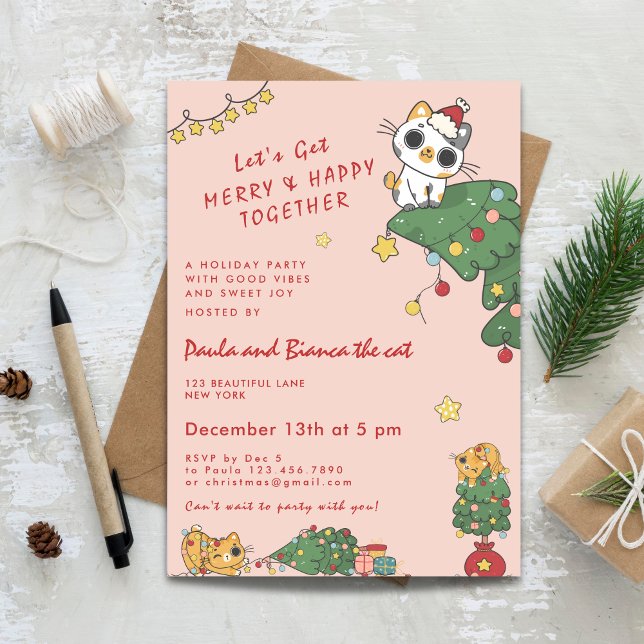 Convites Gato Fofo Kawaii & Árvore de Natal (Kawaii Cute Cat & Christmas Tree Invitation)