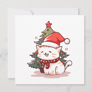 Convites Gato fofo vestindo chapéu de Papai Noel perto da á