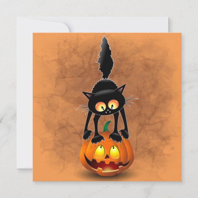 Convites Gato Halloween Caricatura Assustada na Pumpkin (Frente)