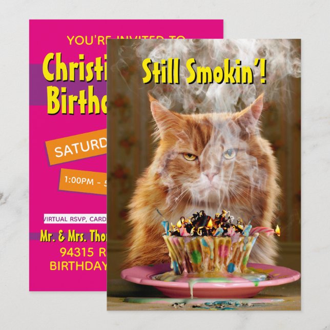 Convites Gato Irritado Engraçado Com Bolo De Aniversário De (Frente/Verso)