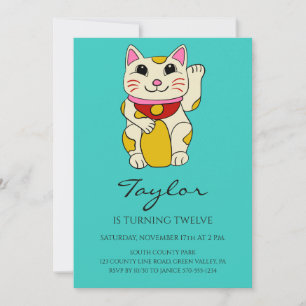 Convites Gato Japonês Maneki Neko Acenando no Aniversário